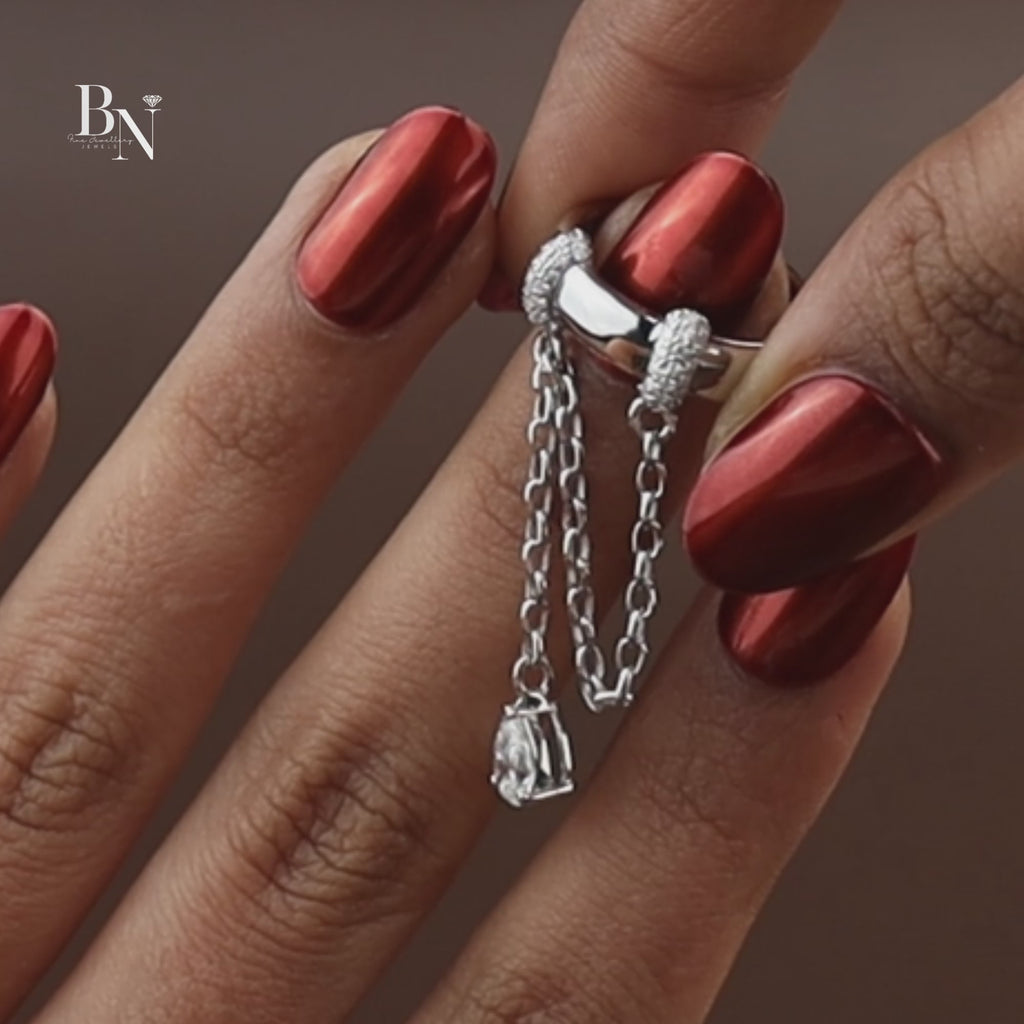 Pear Cut Lab Grown Diamond Dangle Chain Ring | 14K White Gold Lariat Band | Avant Garde Minimalist Bridal Jewelry | Edgy Teardrop Ring