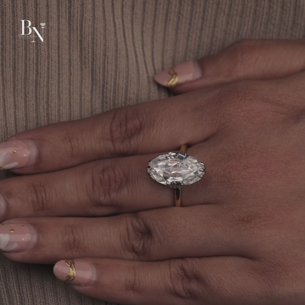 3ct Old Mine Moval Lab Diamond Engagement Ring | Elongated Antique Movall Cut | 14K Two Tone Gold Hidden Halo | Claw Prong Bridal Ring | IGI