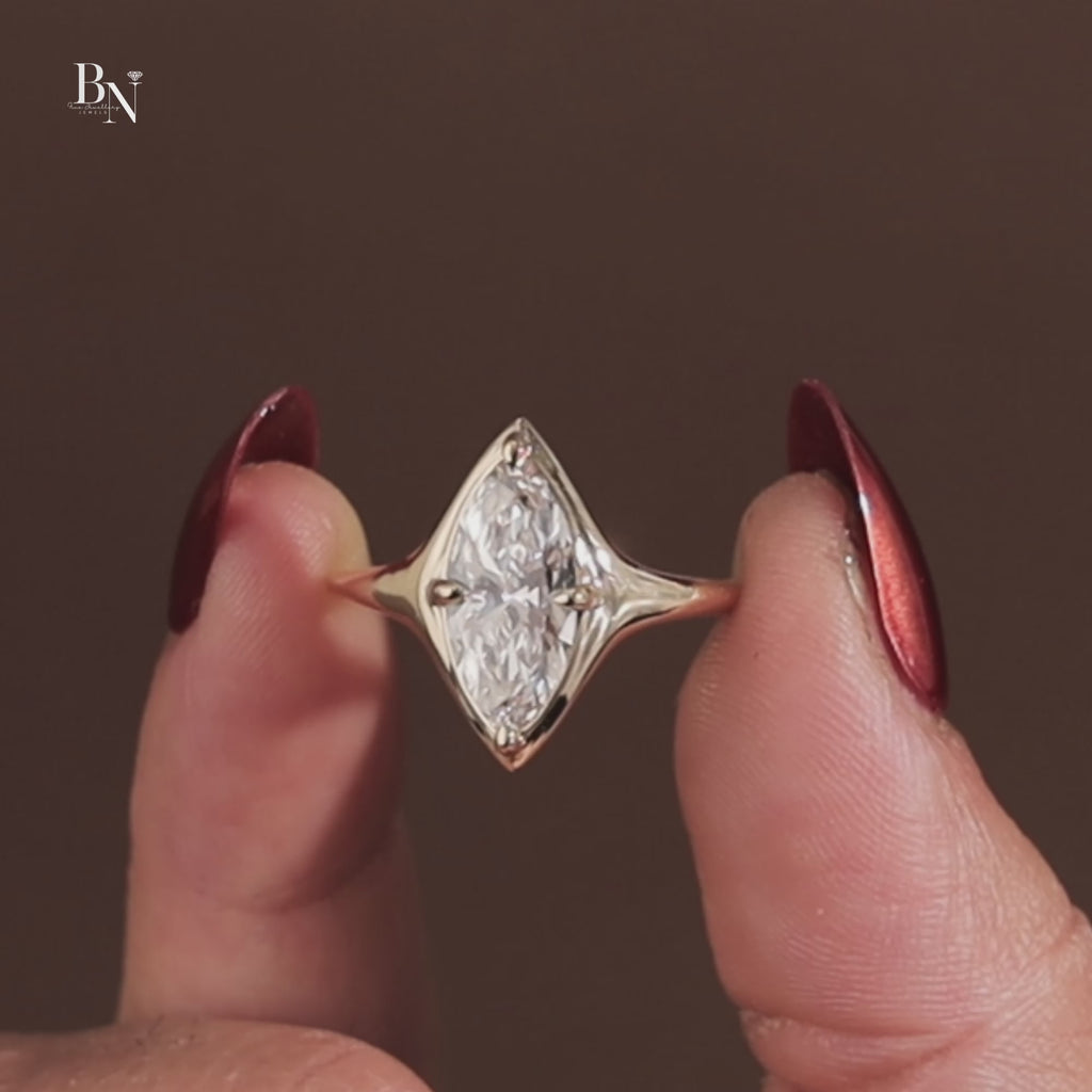 2.5ct Marquise Lab Grown Diamond Engagement Ring | 14K Yellow Gold Bezel Set Solitaire | Unique V Prong Bridal Ring | IGI Certified Jewelry