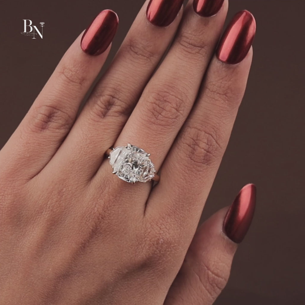4ct Cushion Cut Lab Grown Diamond Engagement Ring | Three Stone Bridal Ring | 14K Yellow Gold | IGI Certified | Cadillac Side Stones Band