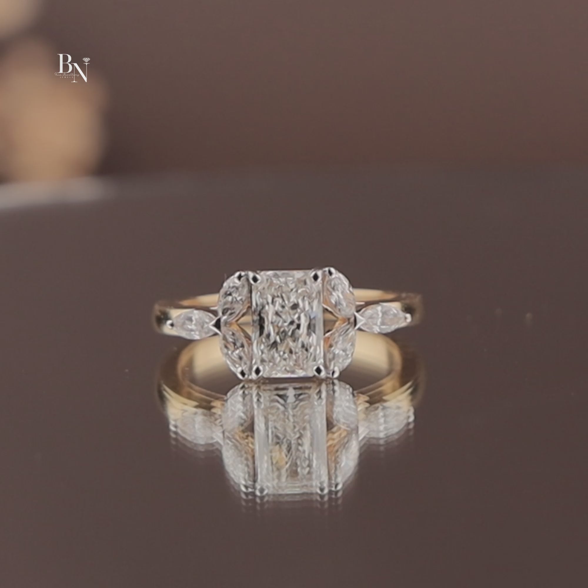 Radiant Cut Engagement Ring | 14k Gold Leaf Marquise Accents Three Stone Proposal Ring