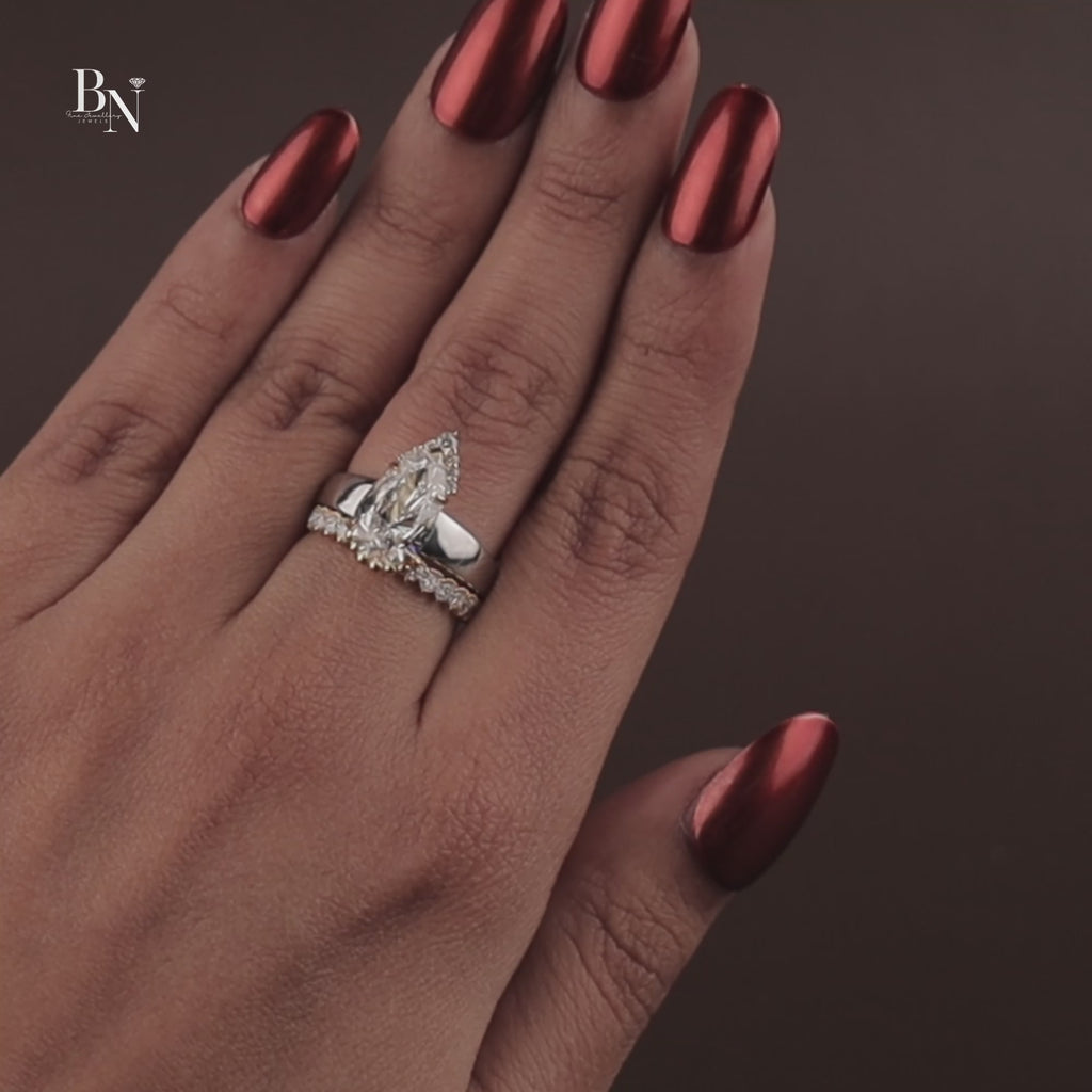 2.5ct Pear Cut Lab Grown Diamond Engagement Ring | Hidden Halo Bridal Set | 14K White Gold Pave Band | IGI Certified Pear Solitaire Ring
