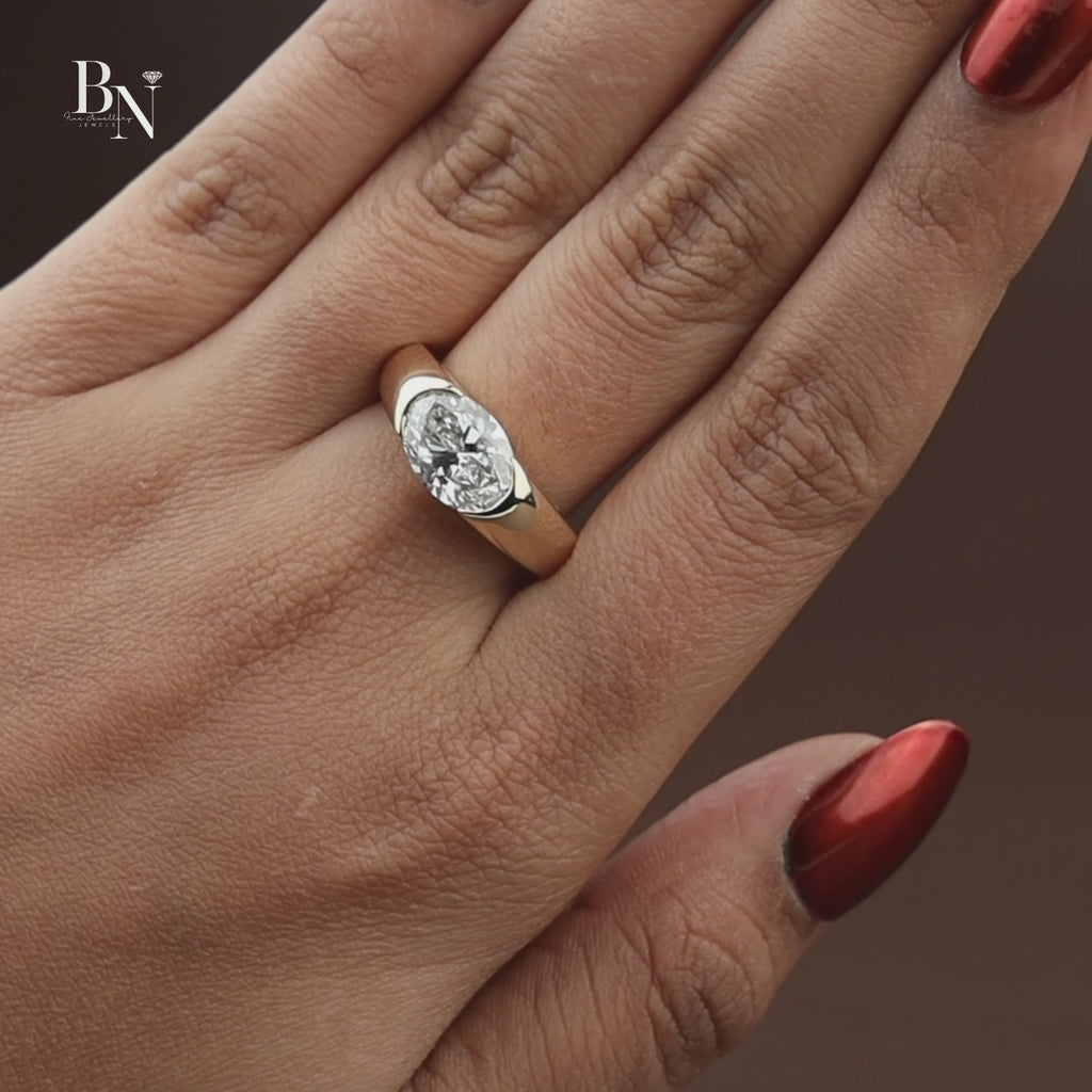 2.5ct East West Oval Lab Grown Diamond Engagement Ring | 14K Yellow Gold Half Bezel Signet Ring | IGI Certified Diamond | Modern Band