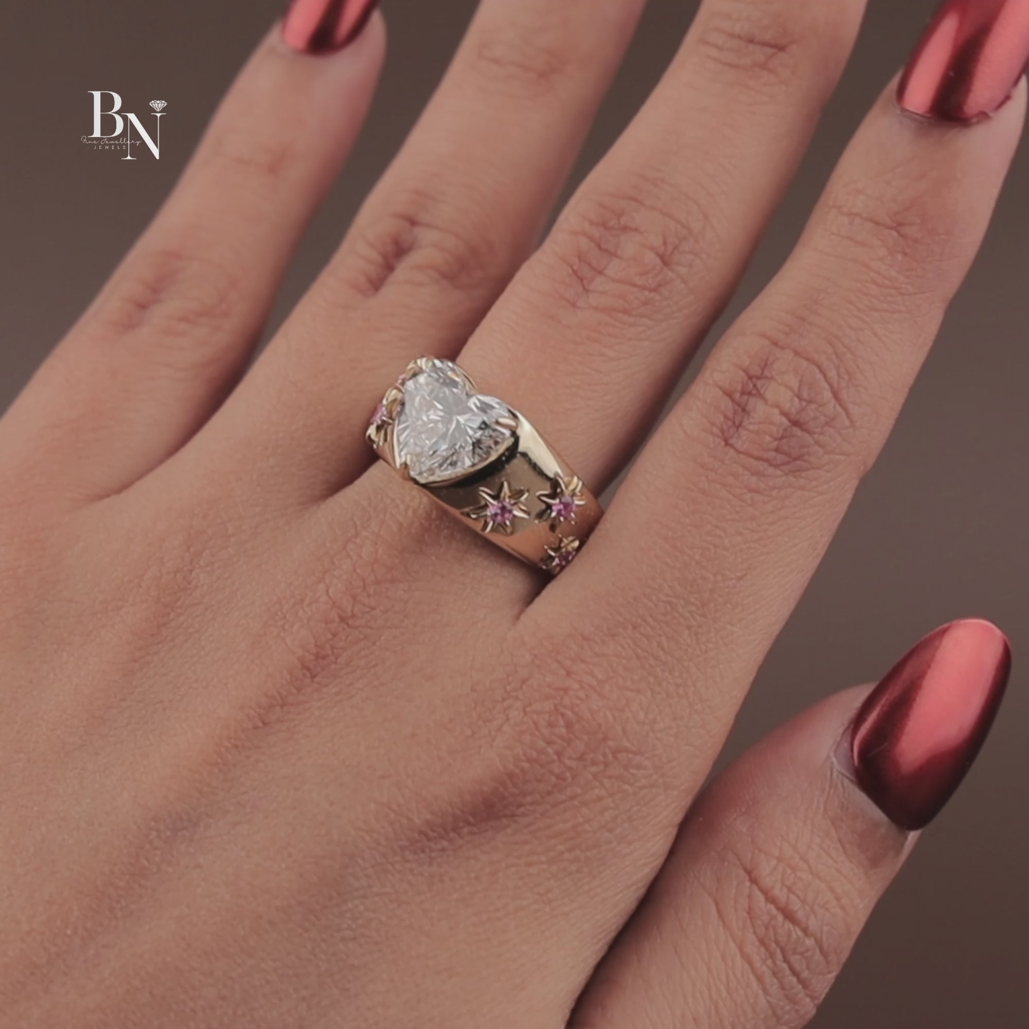 3ct Heart Cut Lab Grown Diamond Engagement Ring | 14K Yellow Gold Celestial Star Setting | Pink Sapphire Accents | IGI Certified Ring