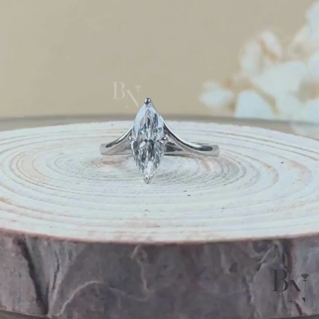 1ct Marquise Lab Grown Diamond Engagement Ring | V Shaped Bypass Solitaire | 14K White Gold Bridal Ring | Marquise Cut Anniversary Gift