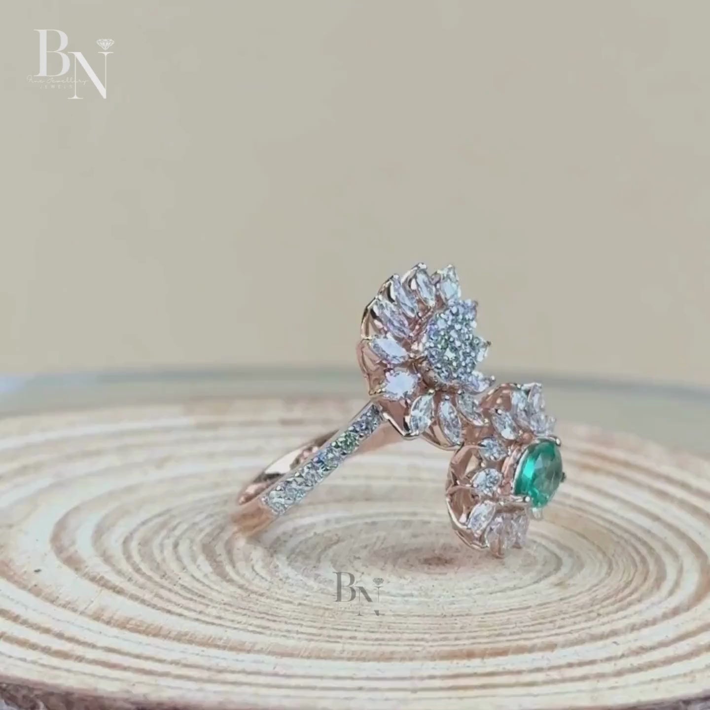 0.50ct Pear Green Emerald & Lab Diamond Toi et Moi Ring | Floral Cluster Two Stone Engagement Ring | 14K Rose Gold Pave Bypass Bridal Band
