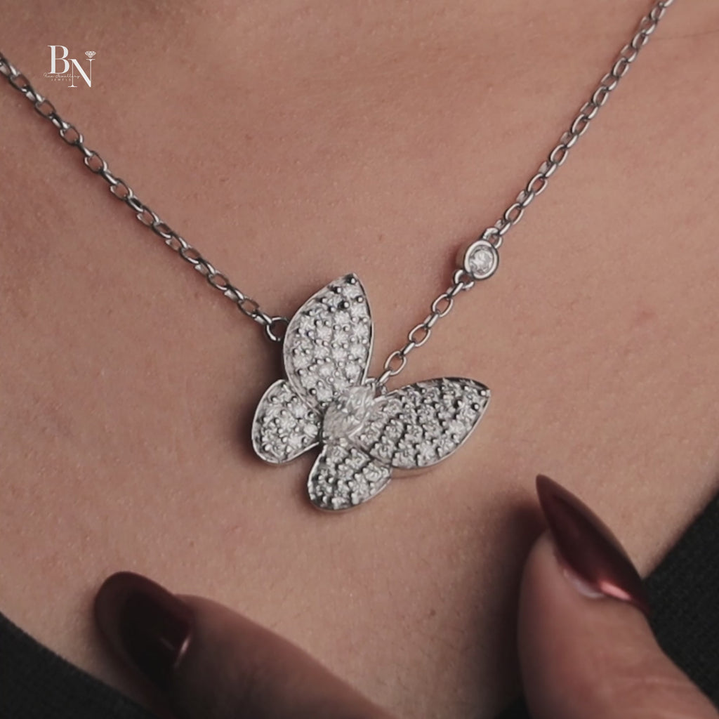 1.00 CTW Marquise Lab Grown Diamond Butterfly Necklace | 14K White Gold Animal Pendant | Dainty Pave Diamond Wings | Gift for Her(Only Pendant)