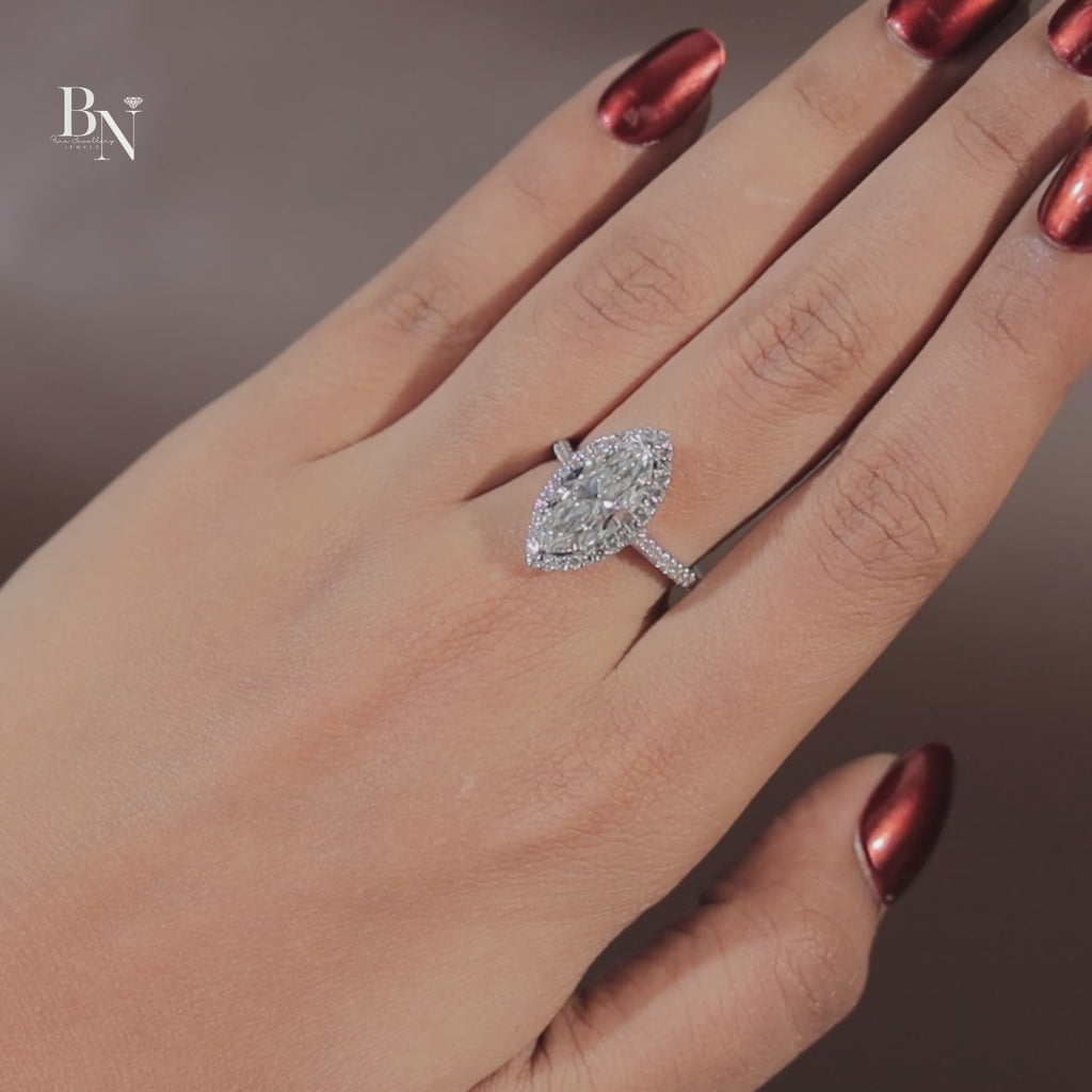 3ct Marquise Lab Grown Diamond Engagement Ring | 14K White Gold Halo | IGI Certified Type IIa Diamond | Pave Band Bridal Anniversary Ring