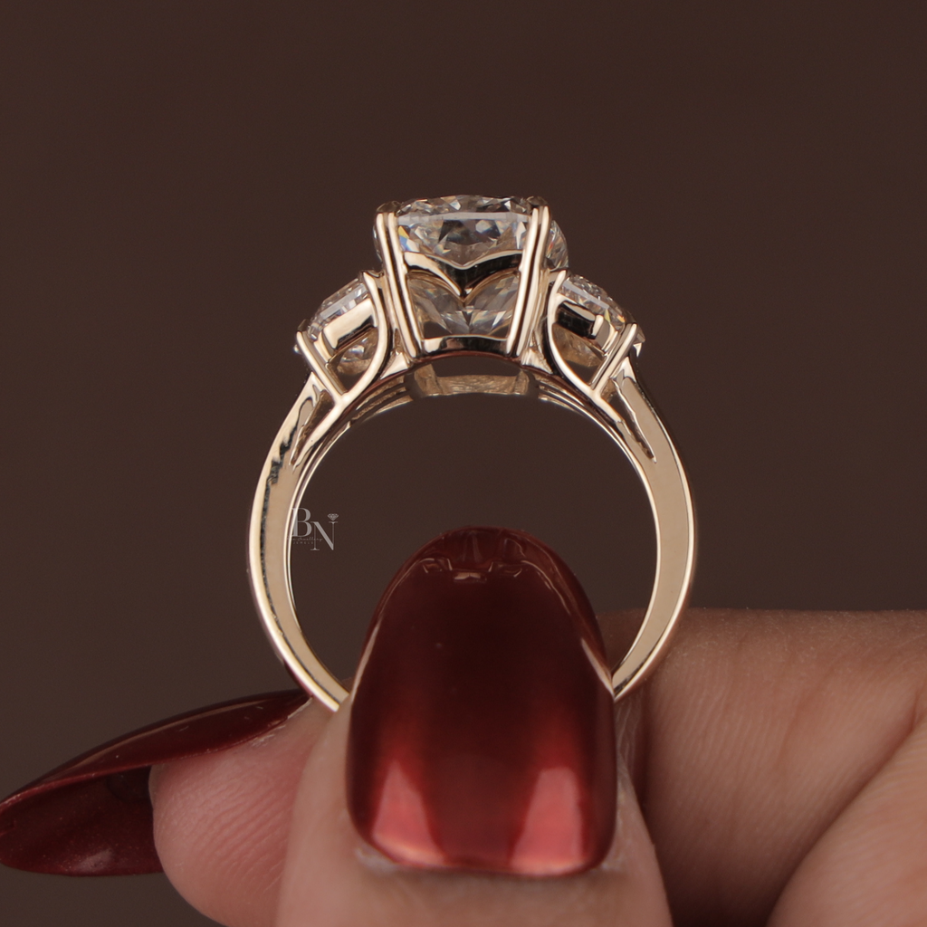 4ct Cushion Cut Lab Grown Diamond Engagement Ring | Three Stone Bridal Ring | 14K Yellow Gold | IGI Certified | Cadillac Side Stones Band