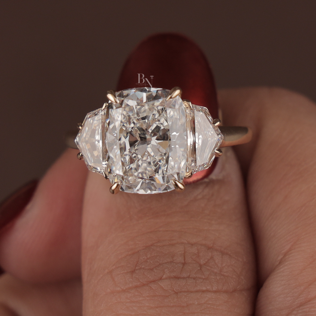 4ct Cushion Cut Lab Grown Diamond Engagement Ring | Three Stone Bridal Ring | 14K Yellow Gold | IGI Certified | Cadillac Side Stones Band