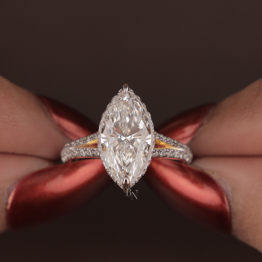 3ct Marquise Lab Grown Diamond Engagement Ring | Hidden Halo Pave Bridal Ring | 14K Yellow Gold Split Shank | IGI Certified | Promise Ring