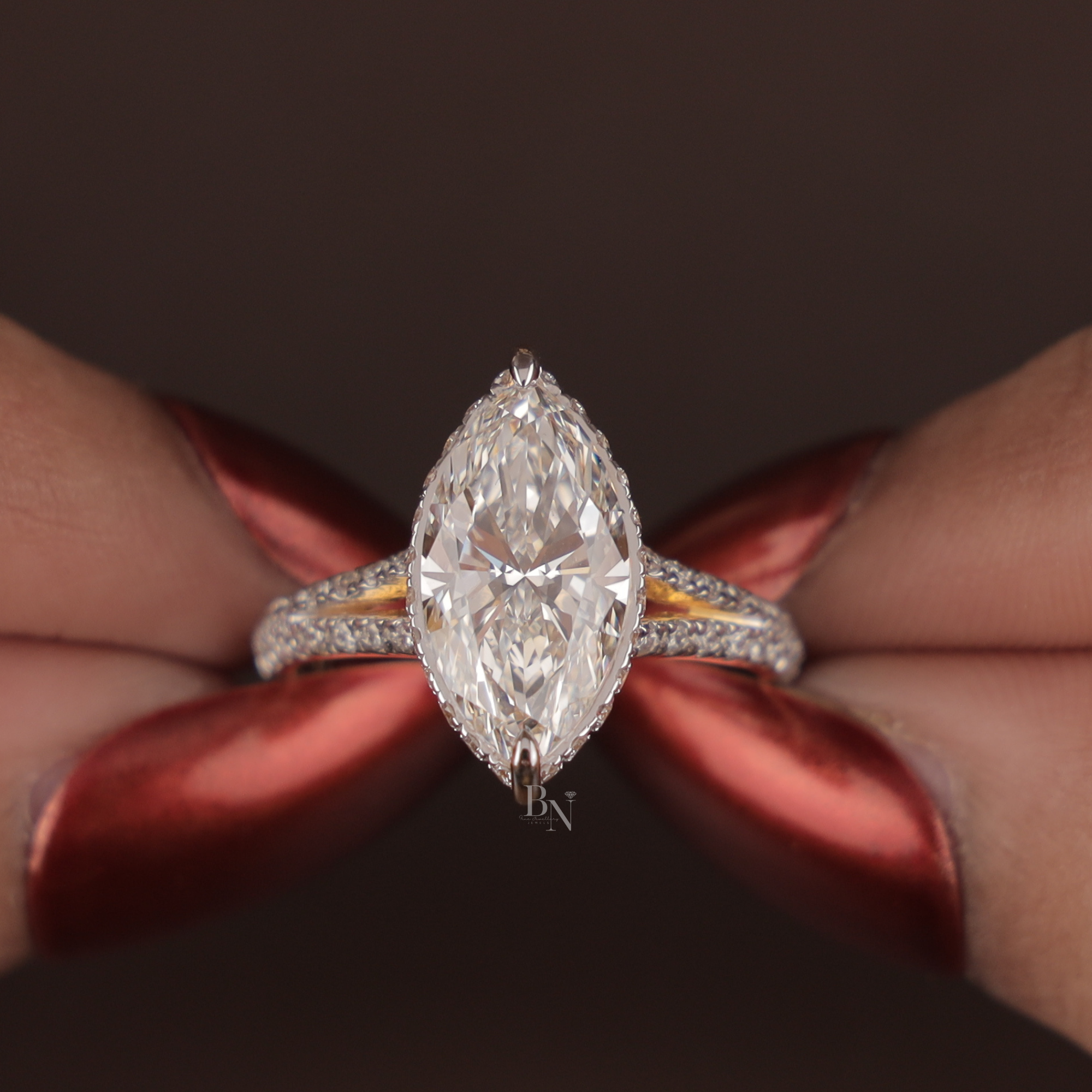 3ct Marquise Lab Grown Diamond Engagement Ring | Hidden Halo Pave Bridal Ring | 14K Yellow Gold Split Shank | IGI Certified | Promise Ring