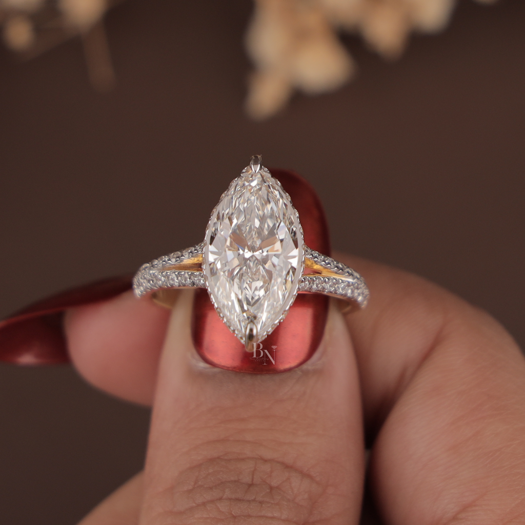 3ct Marquise Lab Grown Diamond Engagement Ring | Hidden Halo Pave Bridal Ring | 14K Yellow Gold Split Shank | IGI Certified | Promise Ring
