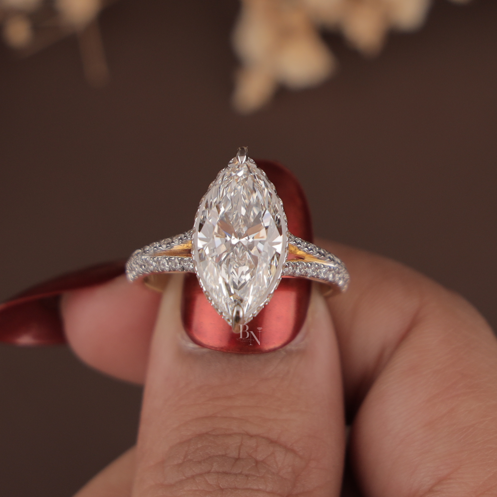 3ct Marquise Lab Grown Diamond Engagement Ring | Hidden Halo Pave Bridal Ring | 14K Yellow Gold Split Shank | IGI Certified | Promise Ring