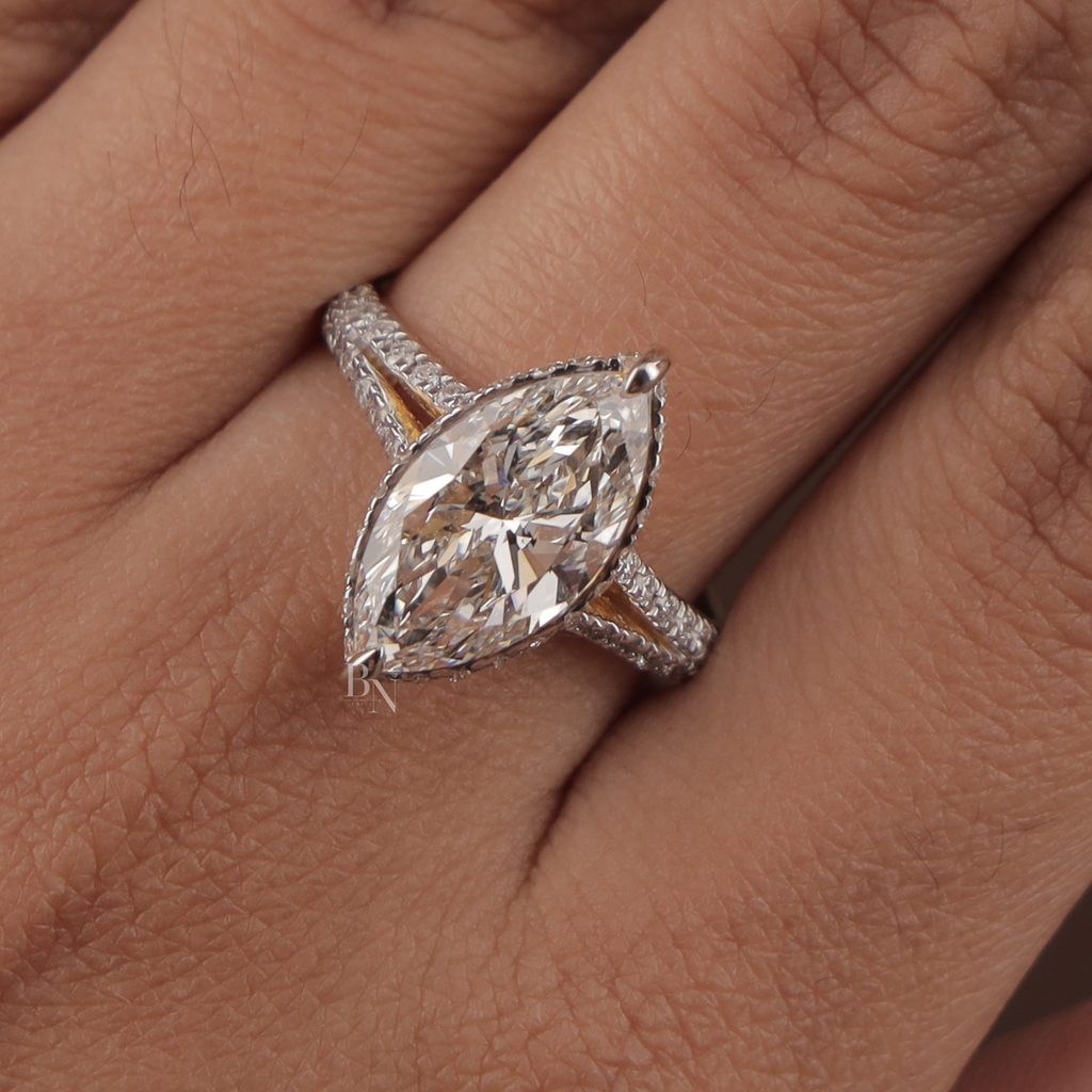 3ct Marquise Lab Grown Diamond Engagement Ring | Hidden Halo Pave Bridal Ring | 14K Yellow Gold Split Shank | IGI Certified | Promise Ring