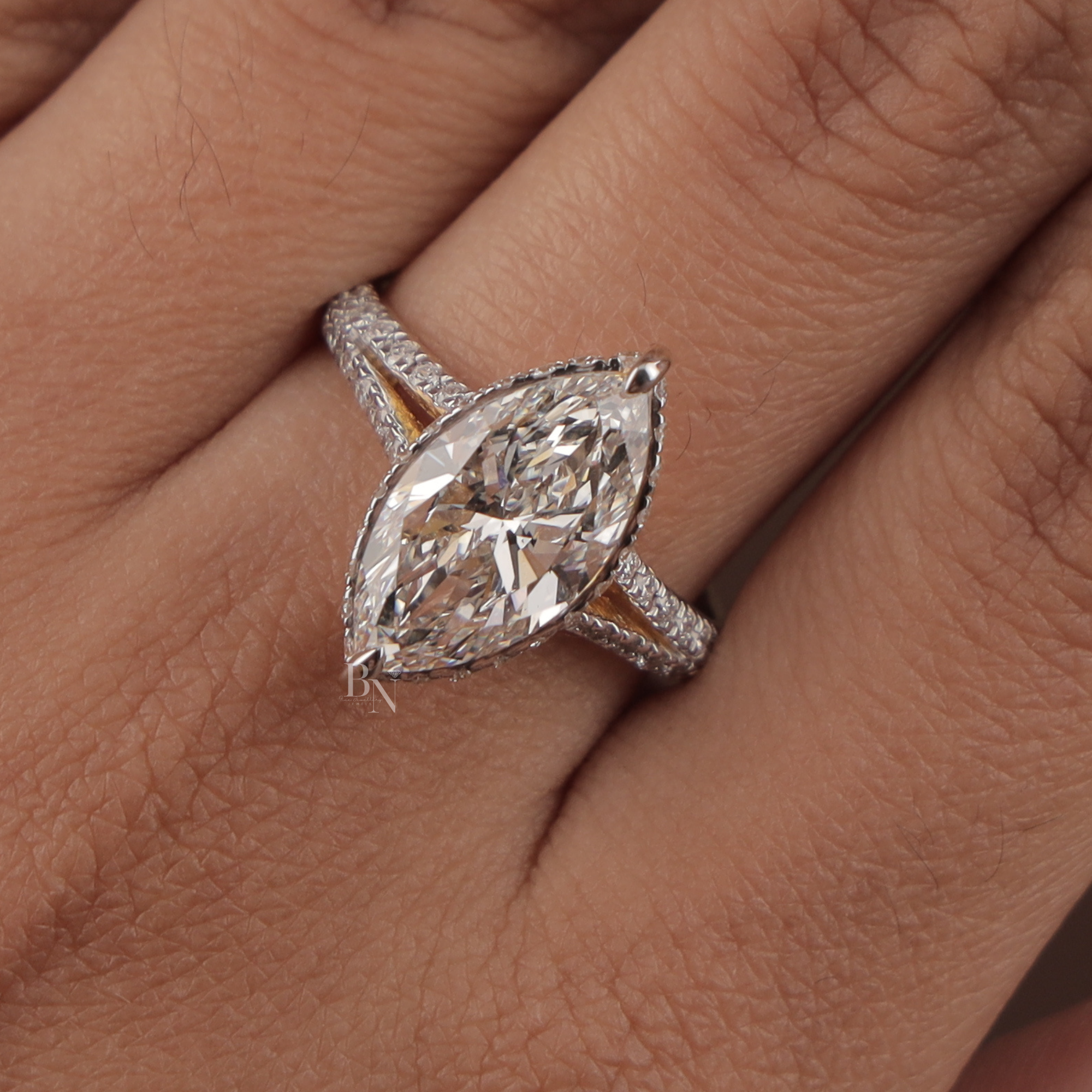 3ct Marquise Lab Grown Diamond Engagement Ring | Hidden Halo Pave Bridal Ring | 14K Yellow Gold Split Shank | IGI Certified | Promise Ring