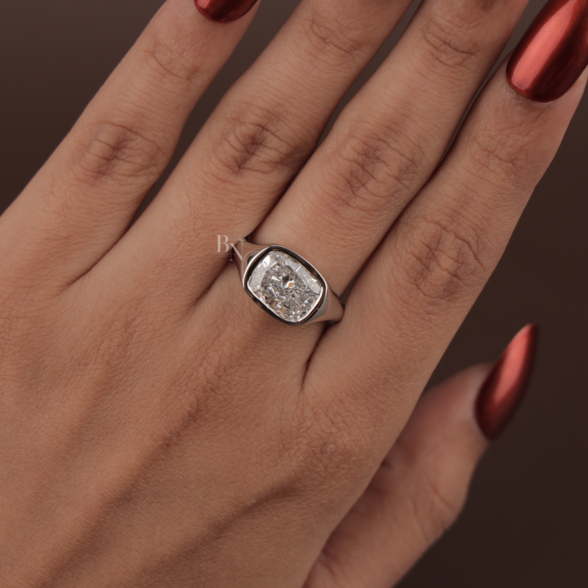 3.00 CT Cushion Lab Grown Diamond Engagement Ring | Modern Bezel Set Ring | 14K White Gold Pave Band | IGI Certified | Bold Statement Ring